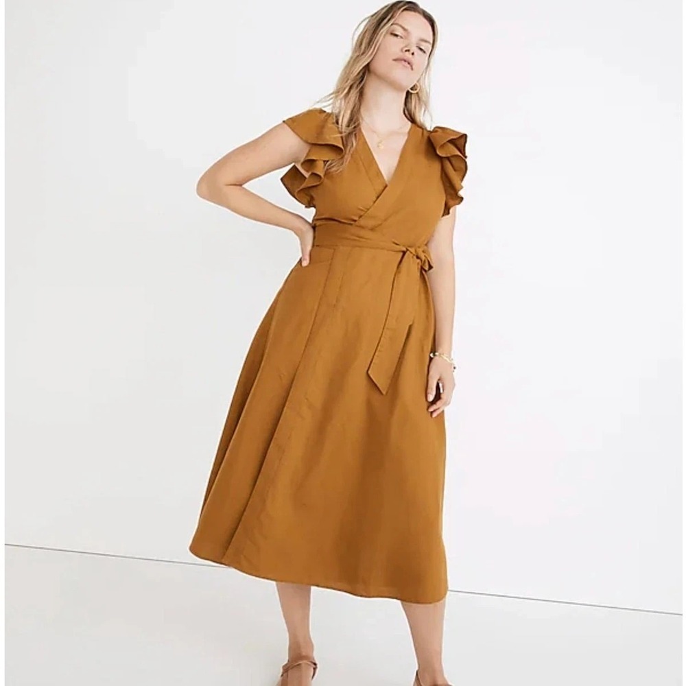 Madewell Women's "Lora"‎ Wrap Midi Dress XS Gold Linen Blend Ruffle Cottagecore